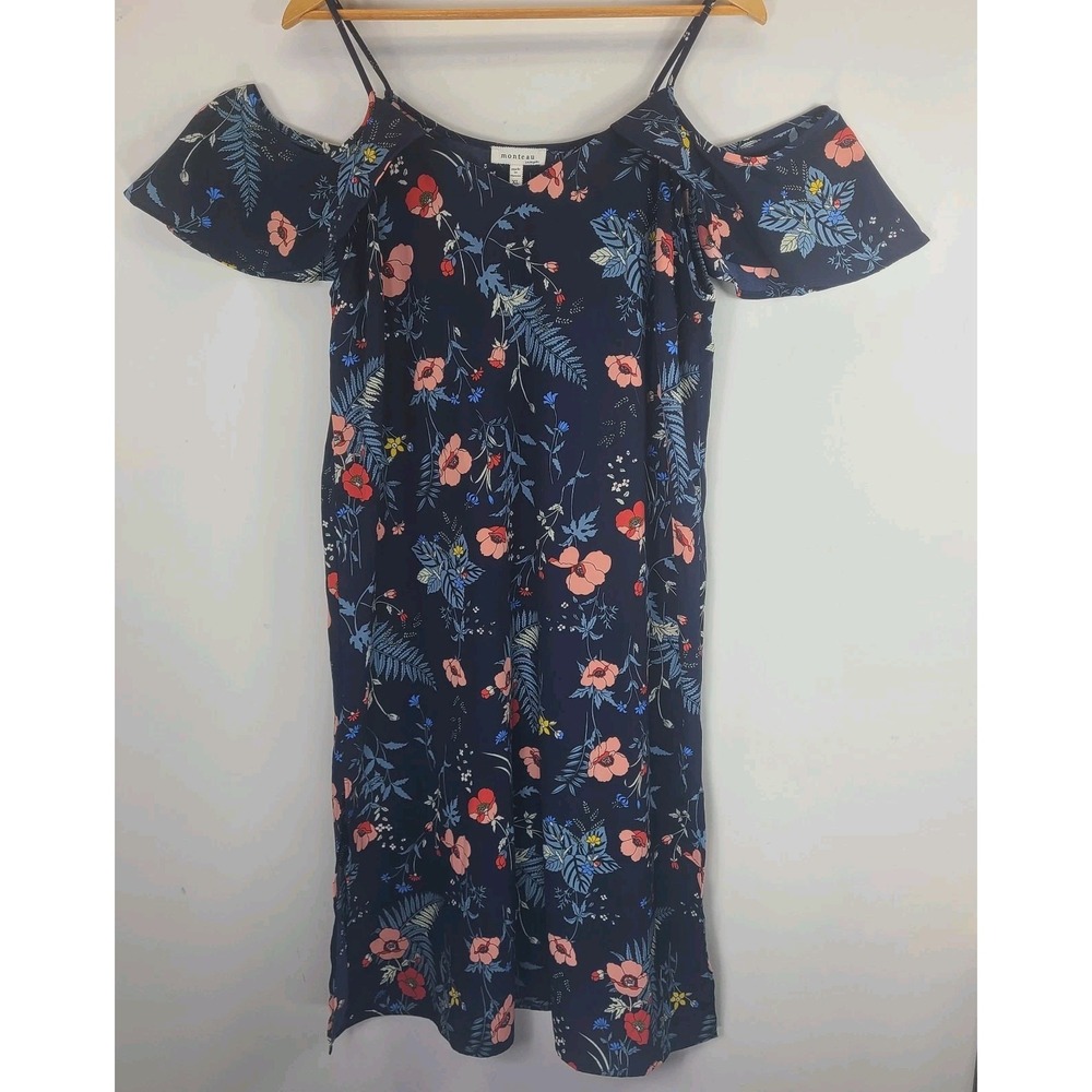 Monteau Floral Cold Shoulder Midi Dress XL Navy Pink Side Slit Lightweight